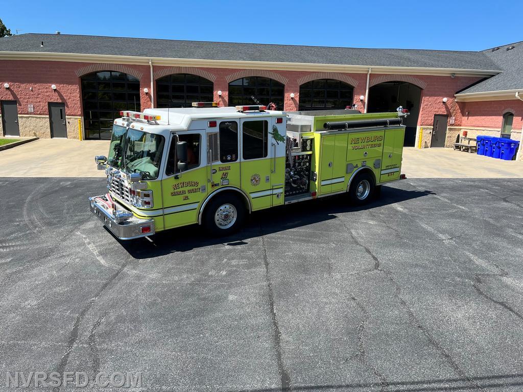 Engine 143,      
2002 Ferrara Inferno,      
750 gallon tank,
1250 gpm Waterous pump, 
E-143 is first out for all structure fires.