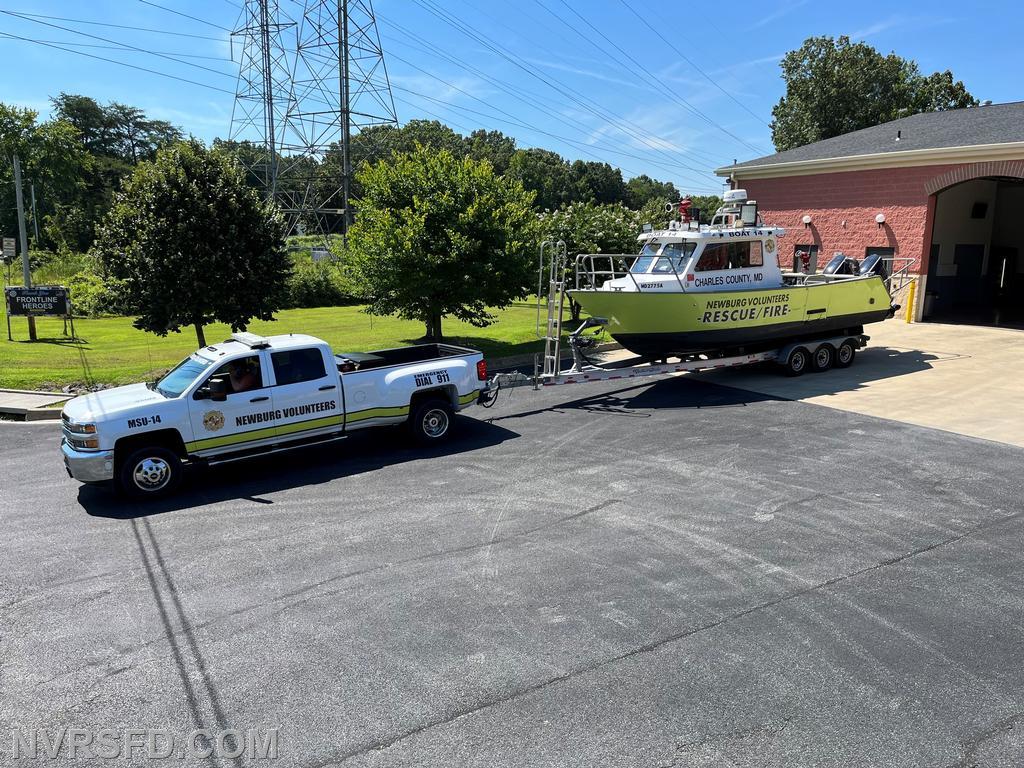 Marine Support Unit (MSU) 14 and Fire Boat 14. MSU 14 is a 2015 Chevrolet 3500 Dually. Fire Boat 14 is a 2008 MetalCraft. It has twin Evinrude 300's.